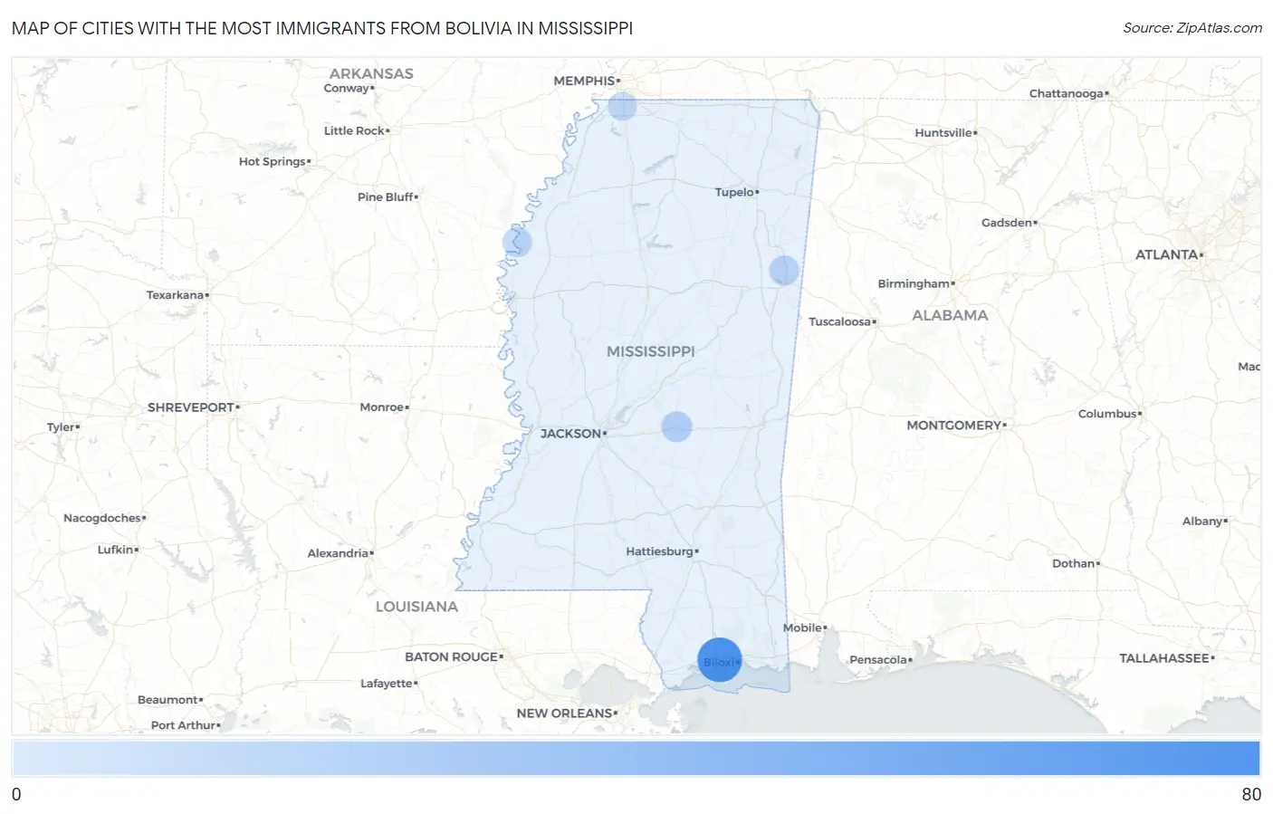 Cities with the Most Immigrants from Bolivia in Mississippi Map