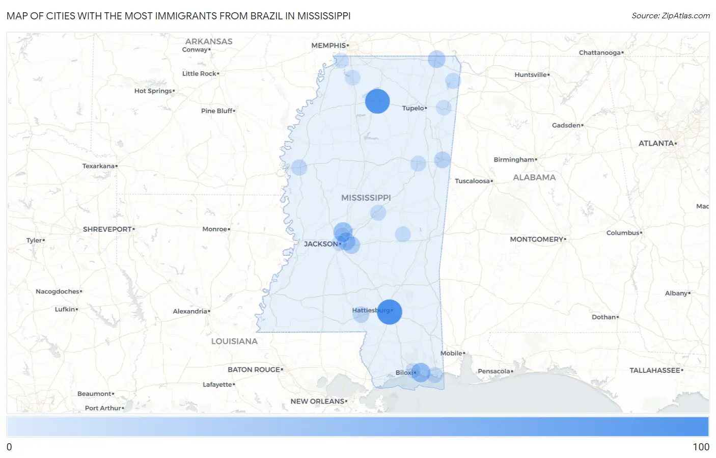 Cities with the Most Immigrants from Brazil in Mississippi Map