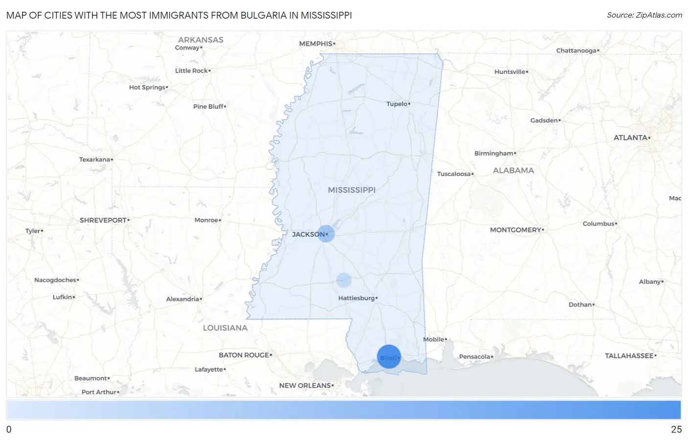 Cities with the Most Immigrants from Bulgaria in Mississippi Map