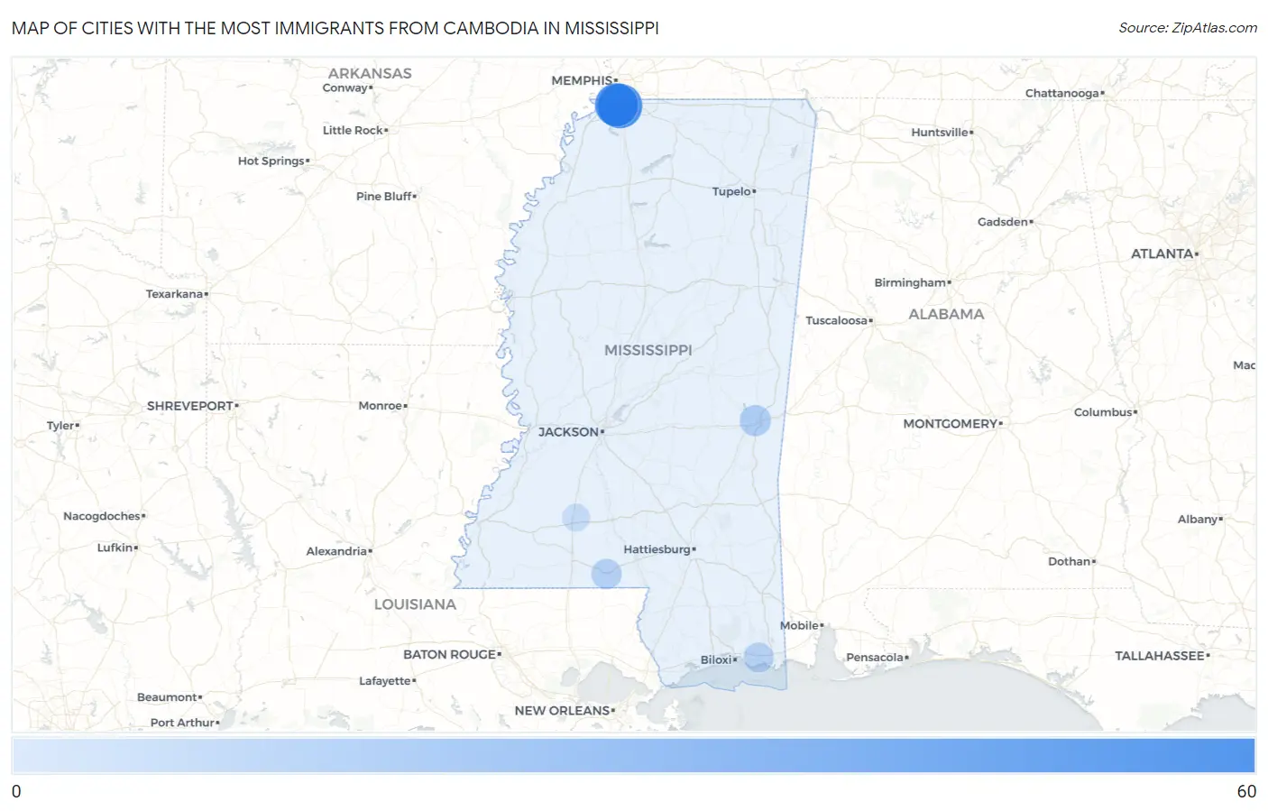 Cities with the Most Immigrants from Cambodia in Mississippi Map