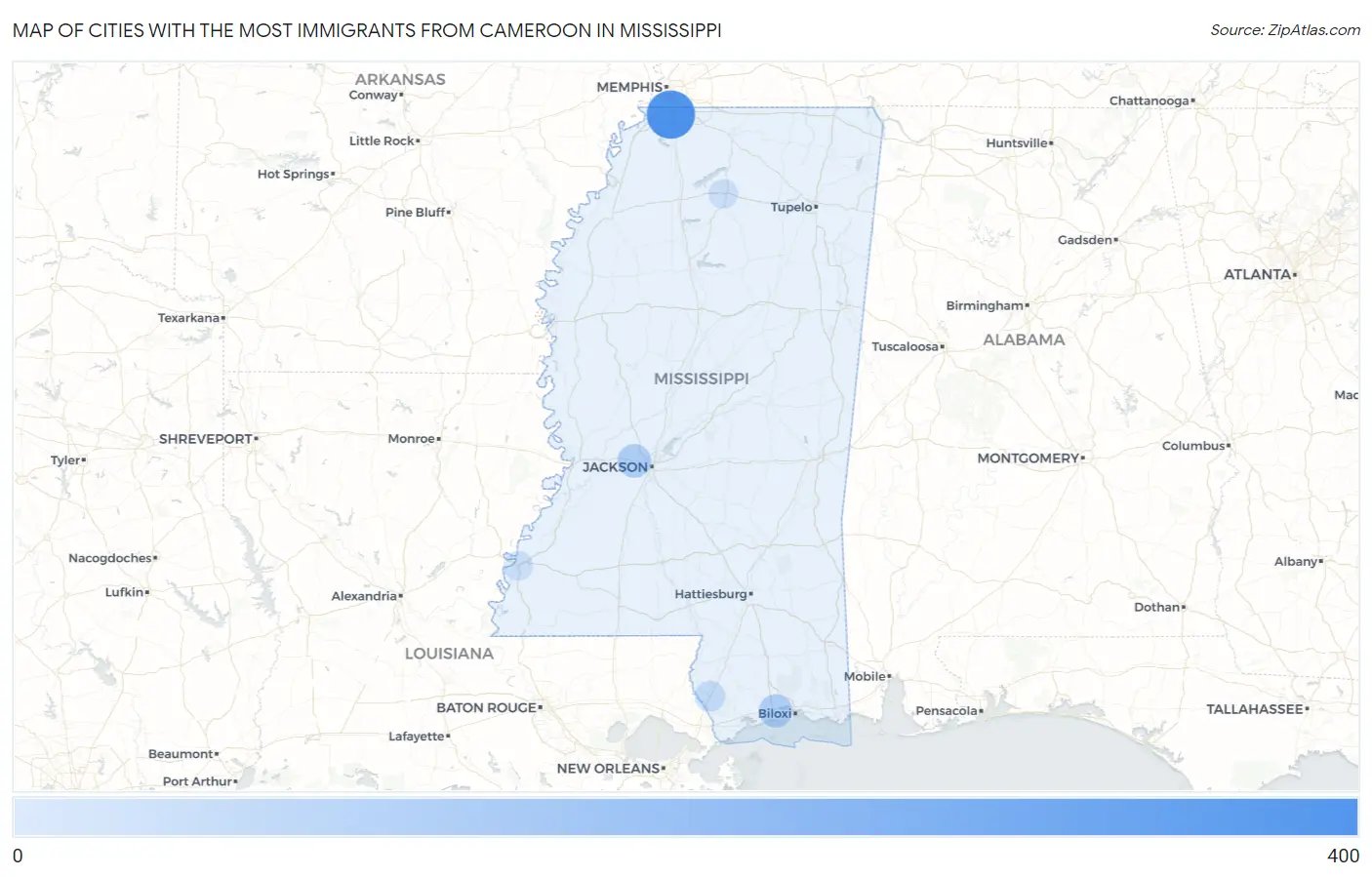 Cities with the Most Immigrants from Cameroon in Mississippi Map
