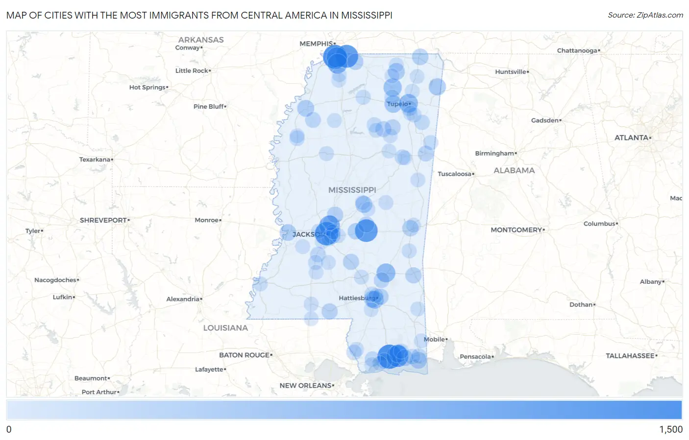 Cities with the Most Immigrants from Central America in Mississippi Map