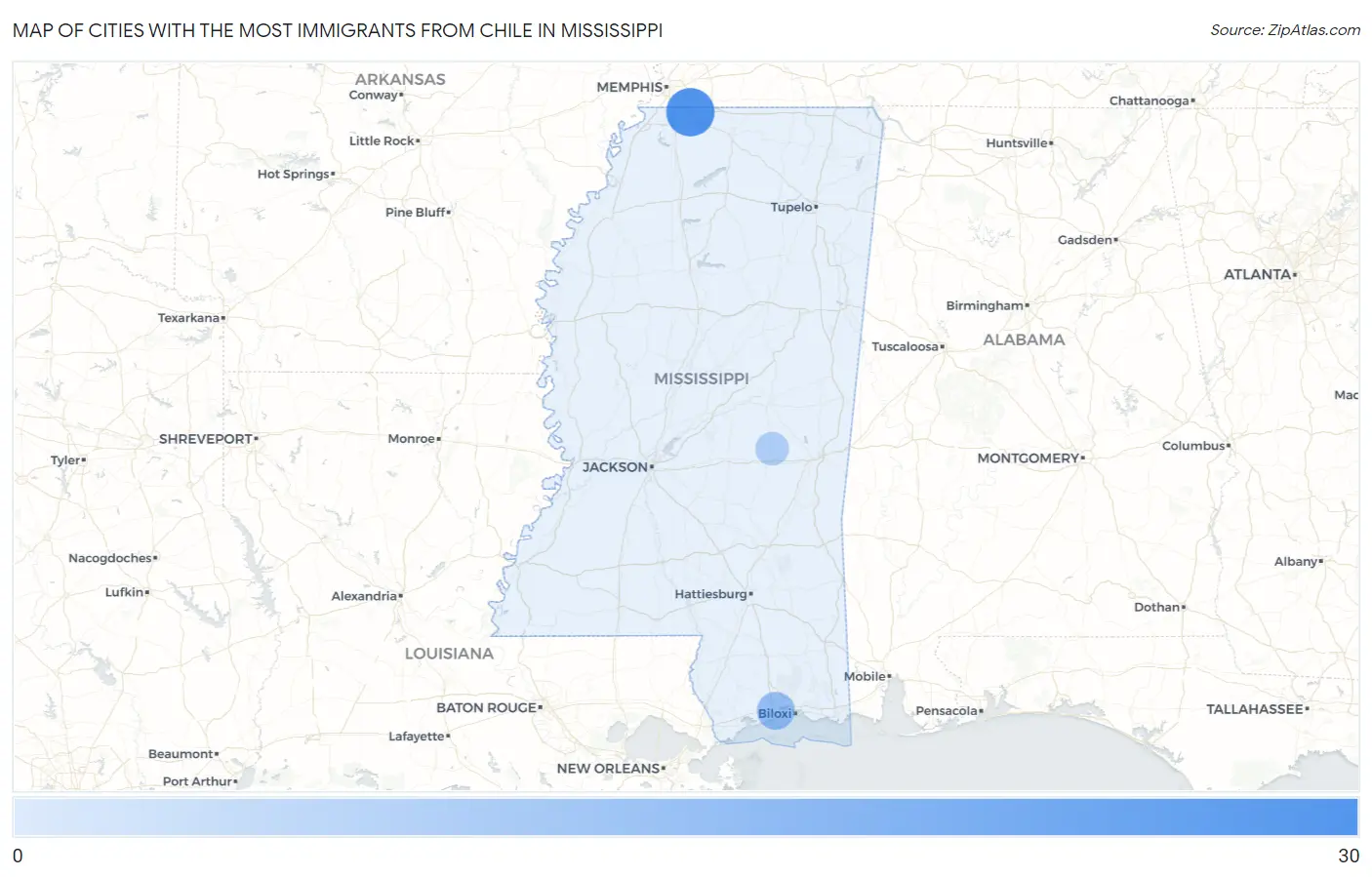 Cities with the Most Immigrants from Chile in Mississippi Map