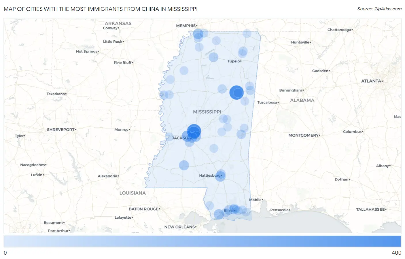 Cities with the Most Immigrants from China in Mississippi Map