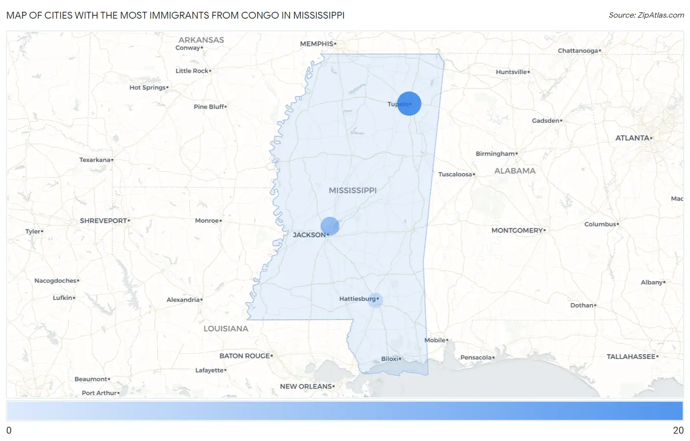 Cities with the Most Immigrants from Congo in Mississippi Map