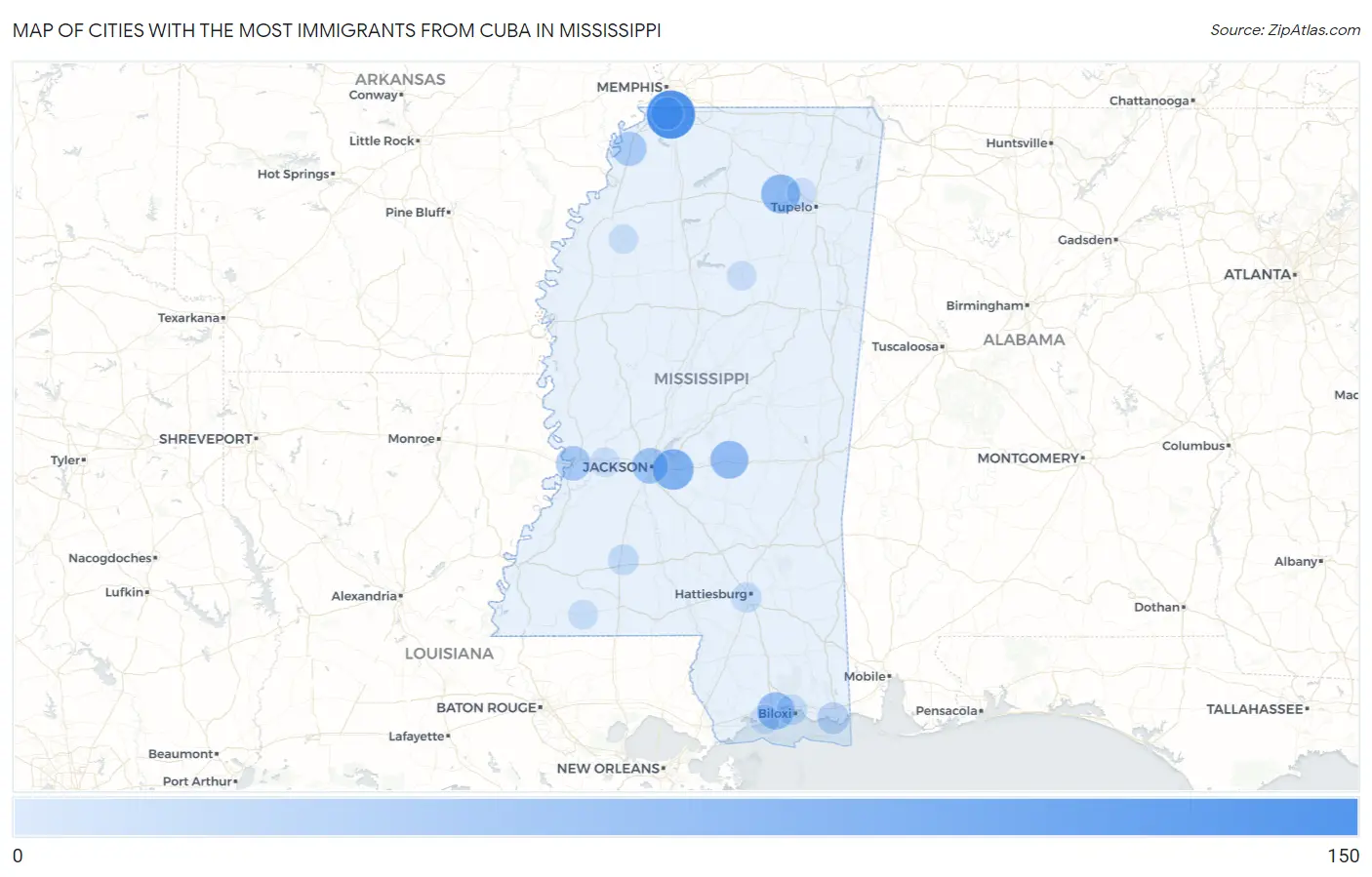 Cities with the Most Immigrants from Cuba in Mississippi Map