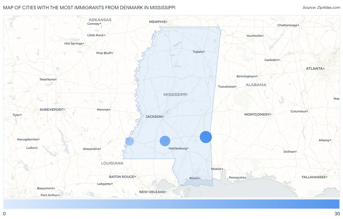 Cities with the Most Immigrants from Denmark in Mississippi Map