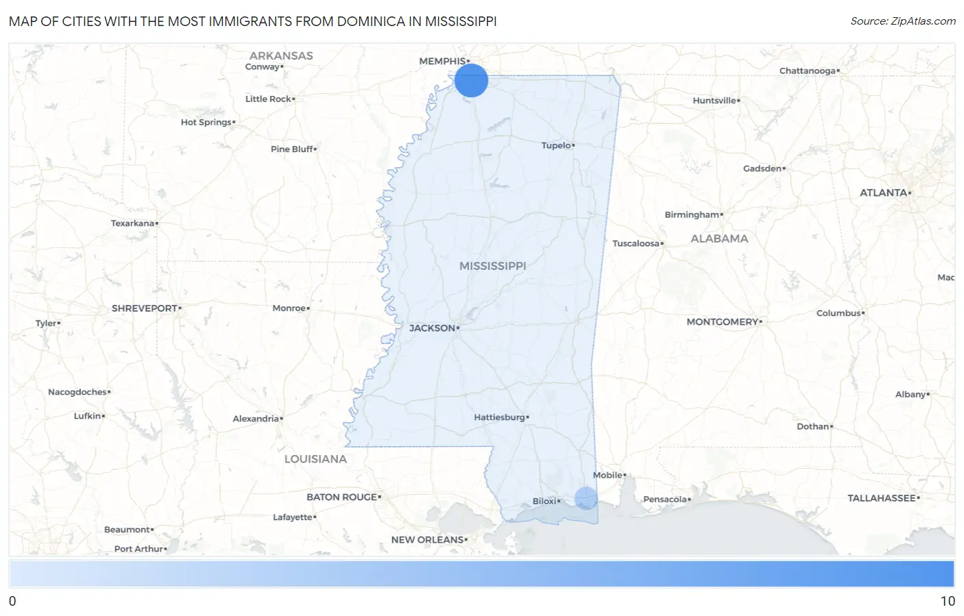 Cities with the Most Immigrants from Dominica in Mississippi Map