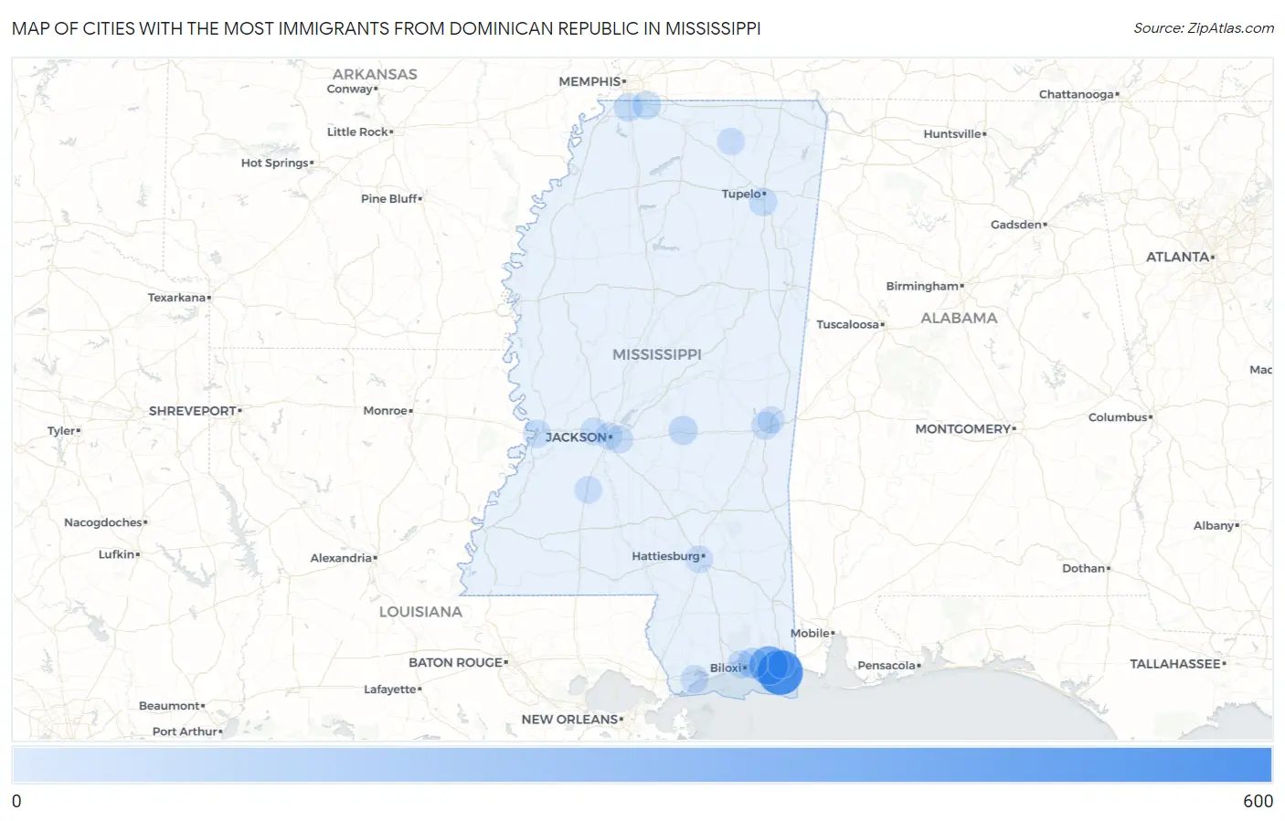 Cities with the Most Immigrants from Dominican Republic in Mississippi Map