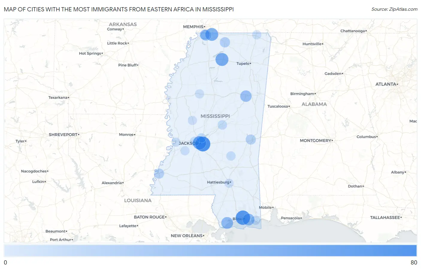 Cities with the Most Immigrants from Eastern Africa in Mississippi Map