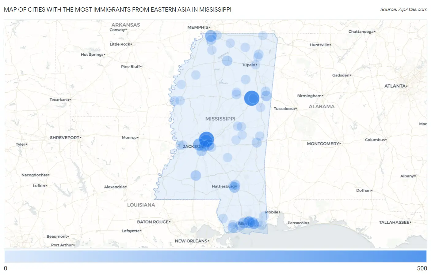 Cities with the Most Immigrants from Eastern Asia in Mississippi Map