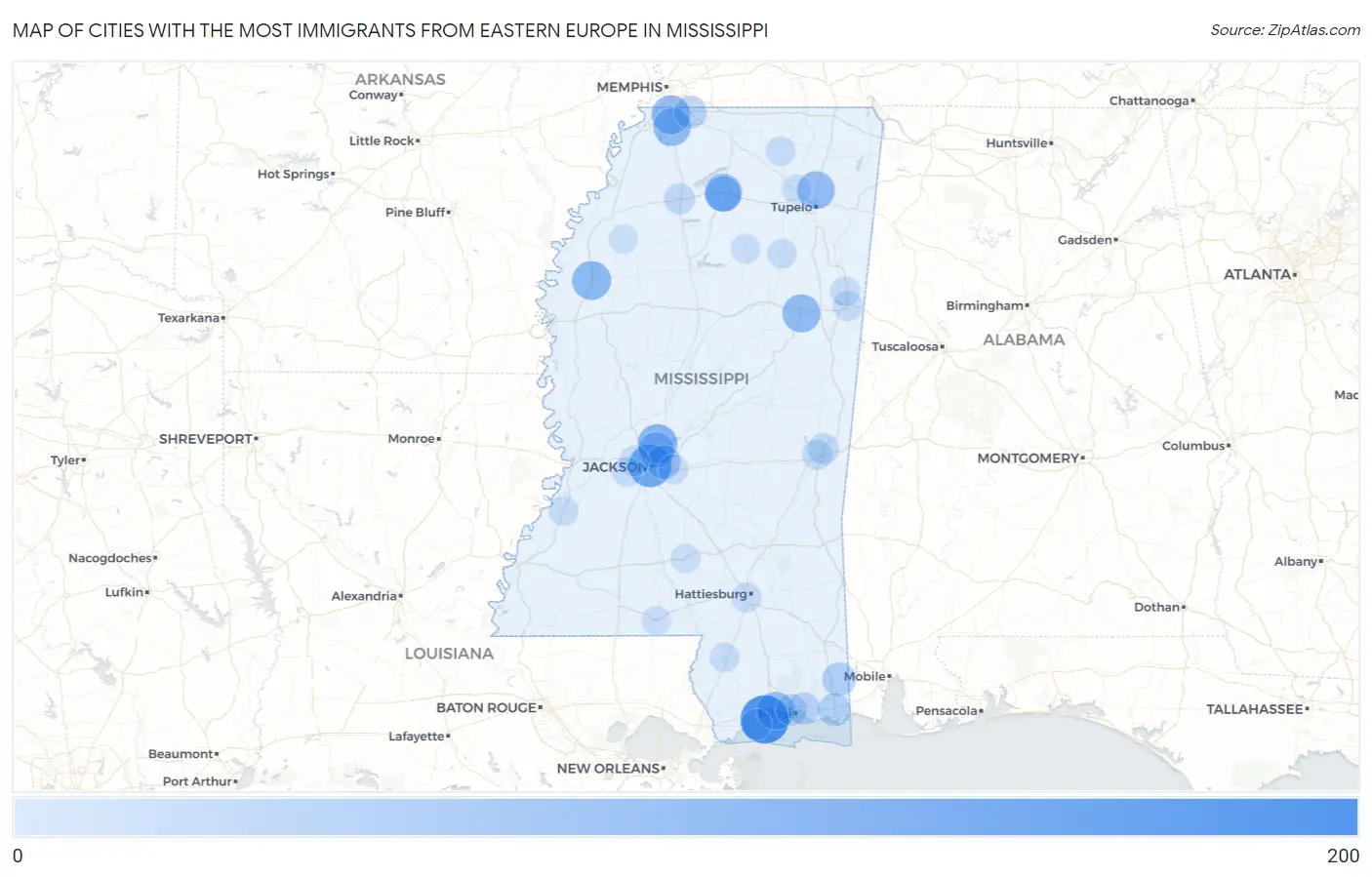 Cities with the Most Immigrants from Eastern Europe in Mississippi Map