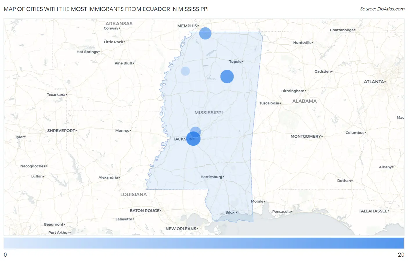 Cities with the Most Immigrants from Ecuador in Mississippi Map