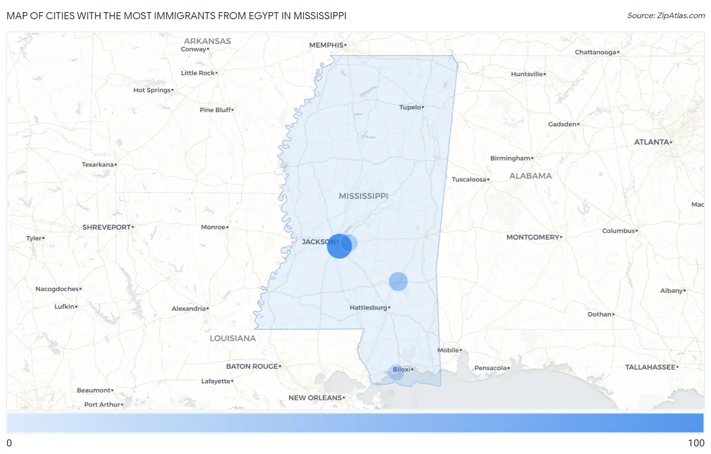 Cities with the Most Immigrants from Egypt in Mississippi Map