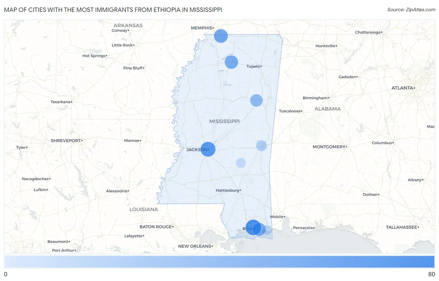 Cities with the Most Immigrants from Ethiopia in Mississippi Map