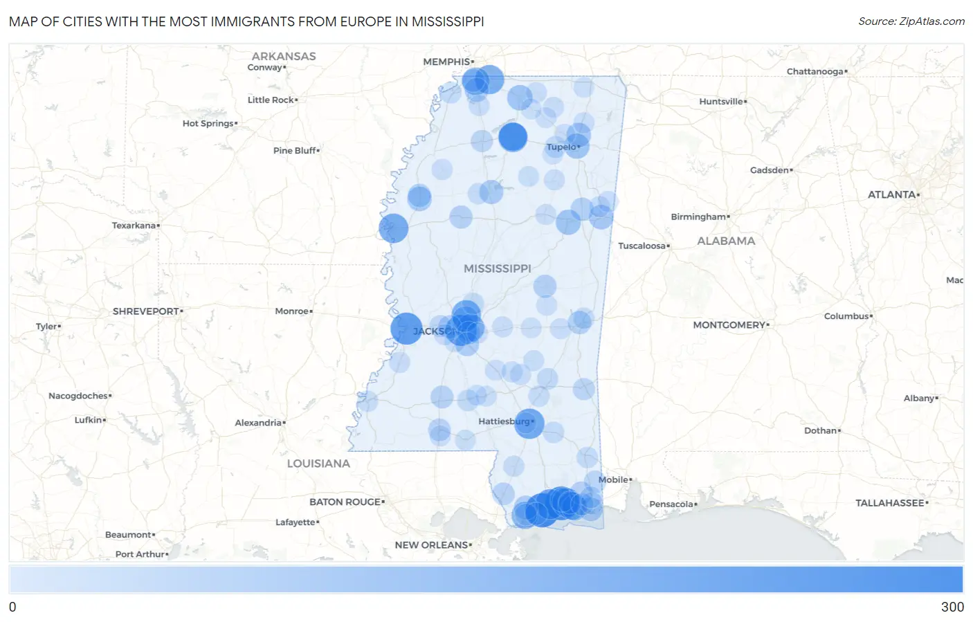 Cities with the Most Immigrants from Europe in Mississippi Map