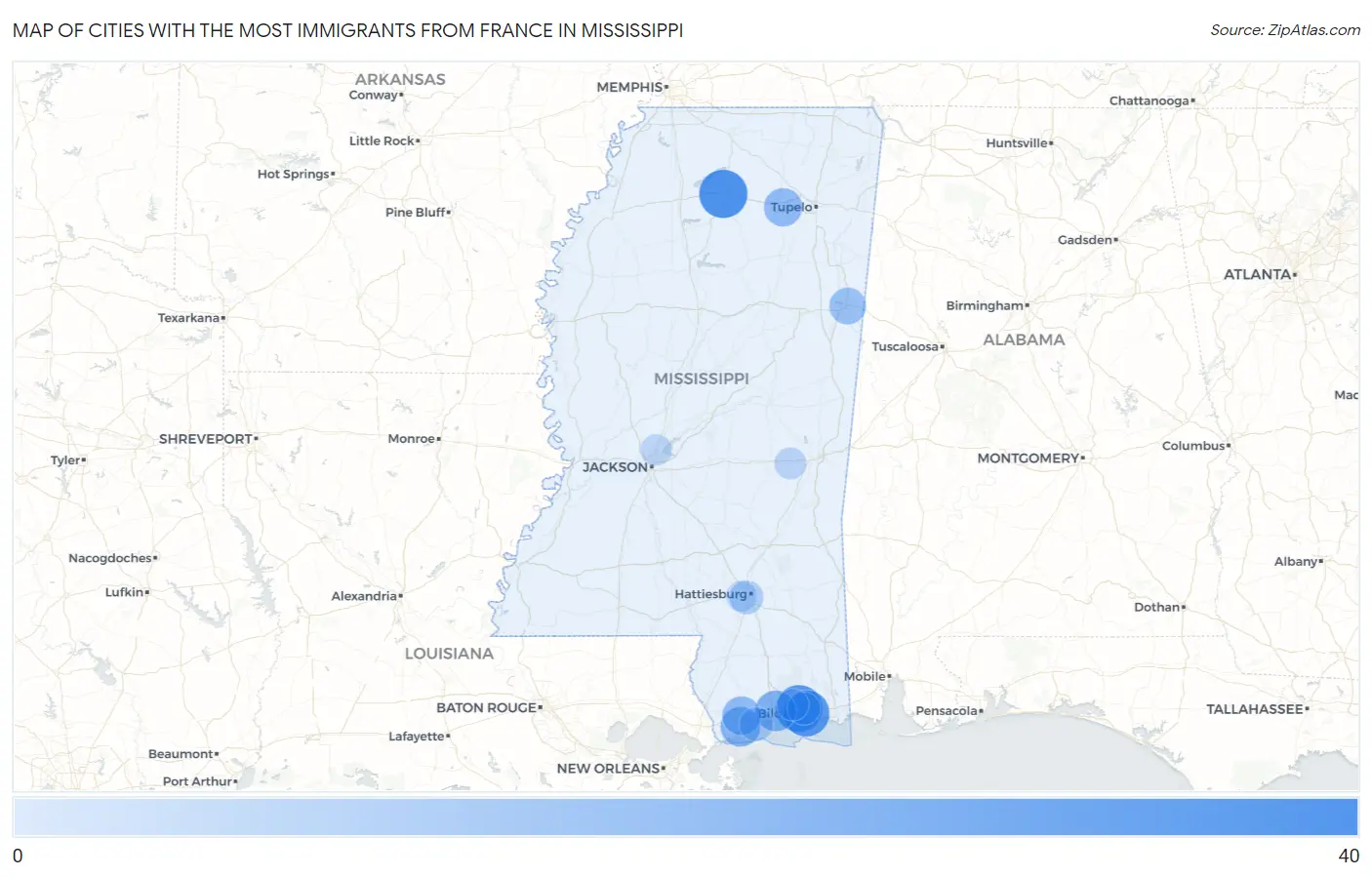 Cities with the Most Immigrants from France in Mississippi Map