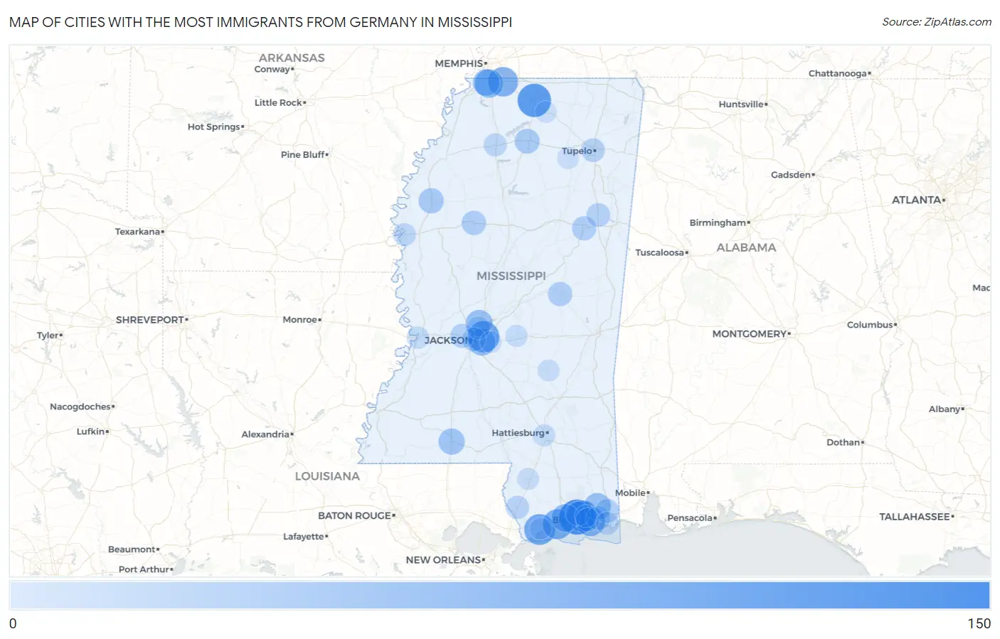 Cities with the Most Immigrants from Germany in Mississippi Map