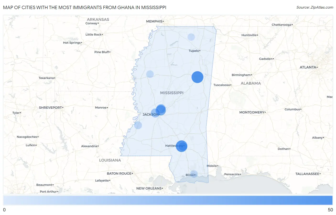 Cities with the Most Immigrants from Ghana in Mississippi Map