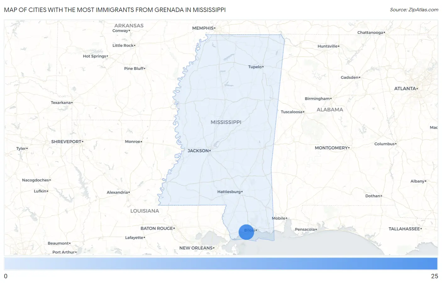 Cities with the Most Immigrants from Grenada in Mississippi Map