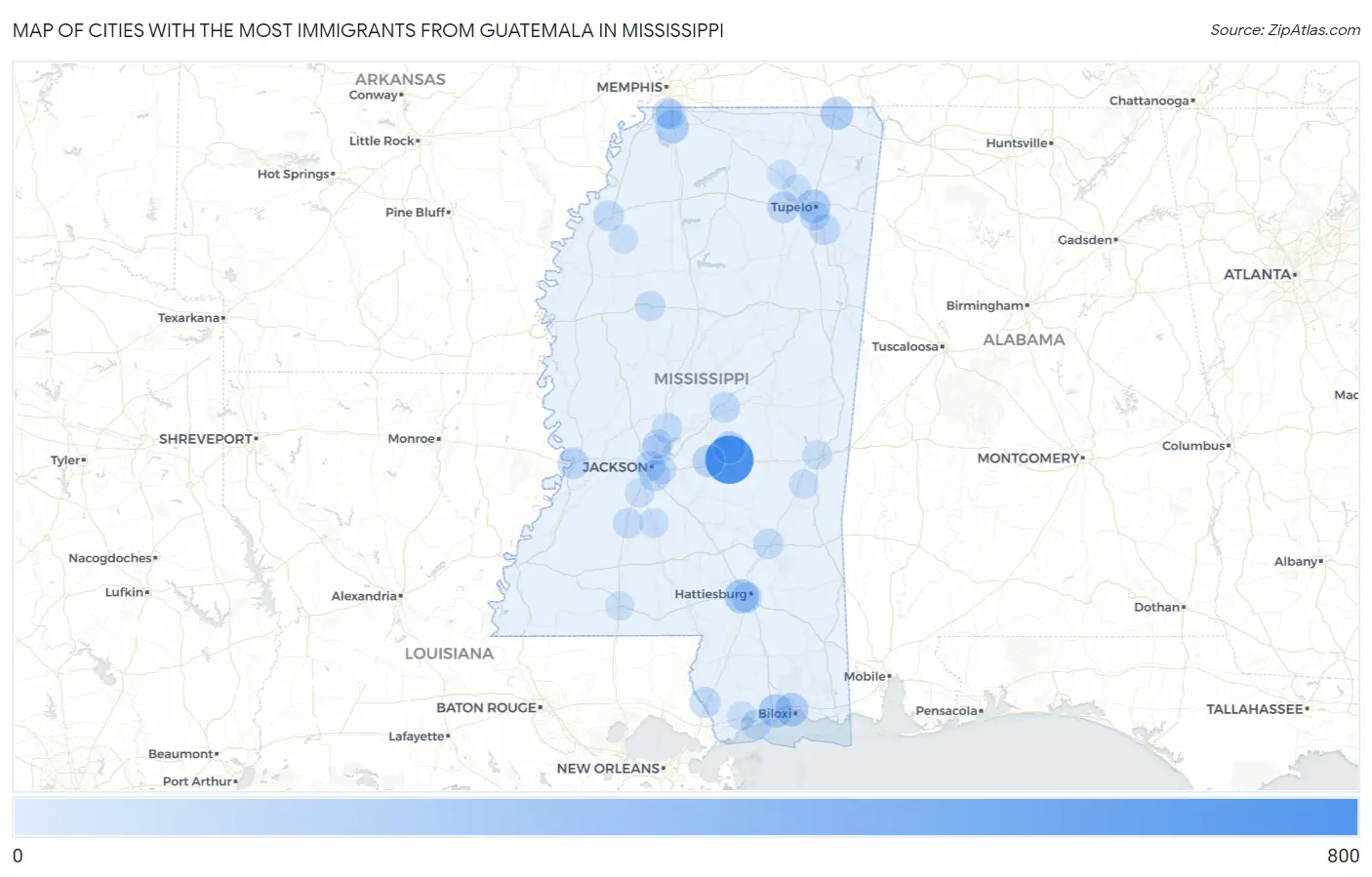 Cities with the Most Immigrants from Guatemala in Mississippi Map