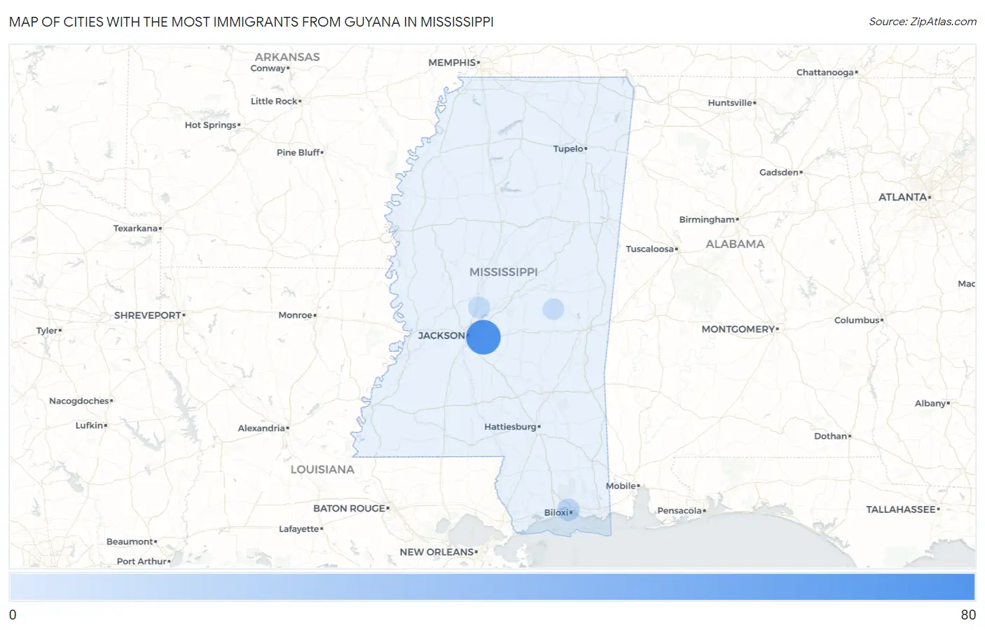 Cities with the Most Immigrants from Guyana in Mississippi Map