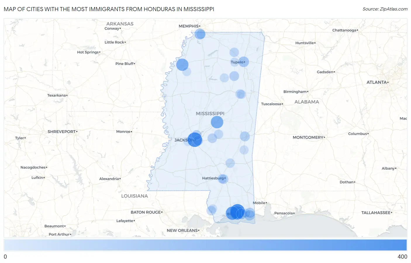 Cities with the Most Immigrants from Honduras in Mississippi Map