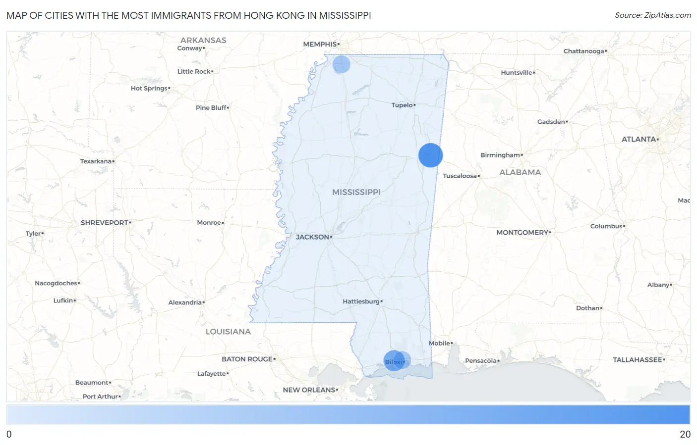 Cities with the Most Immigrants from Hong Kong in Mississippi Map