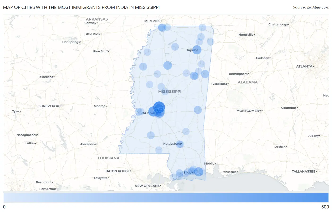 Cities with the Most Immigrants from India in Mississippi Map