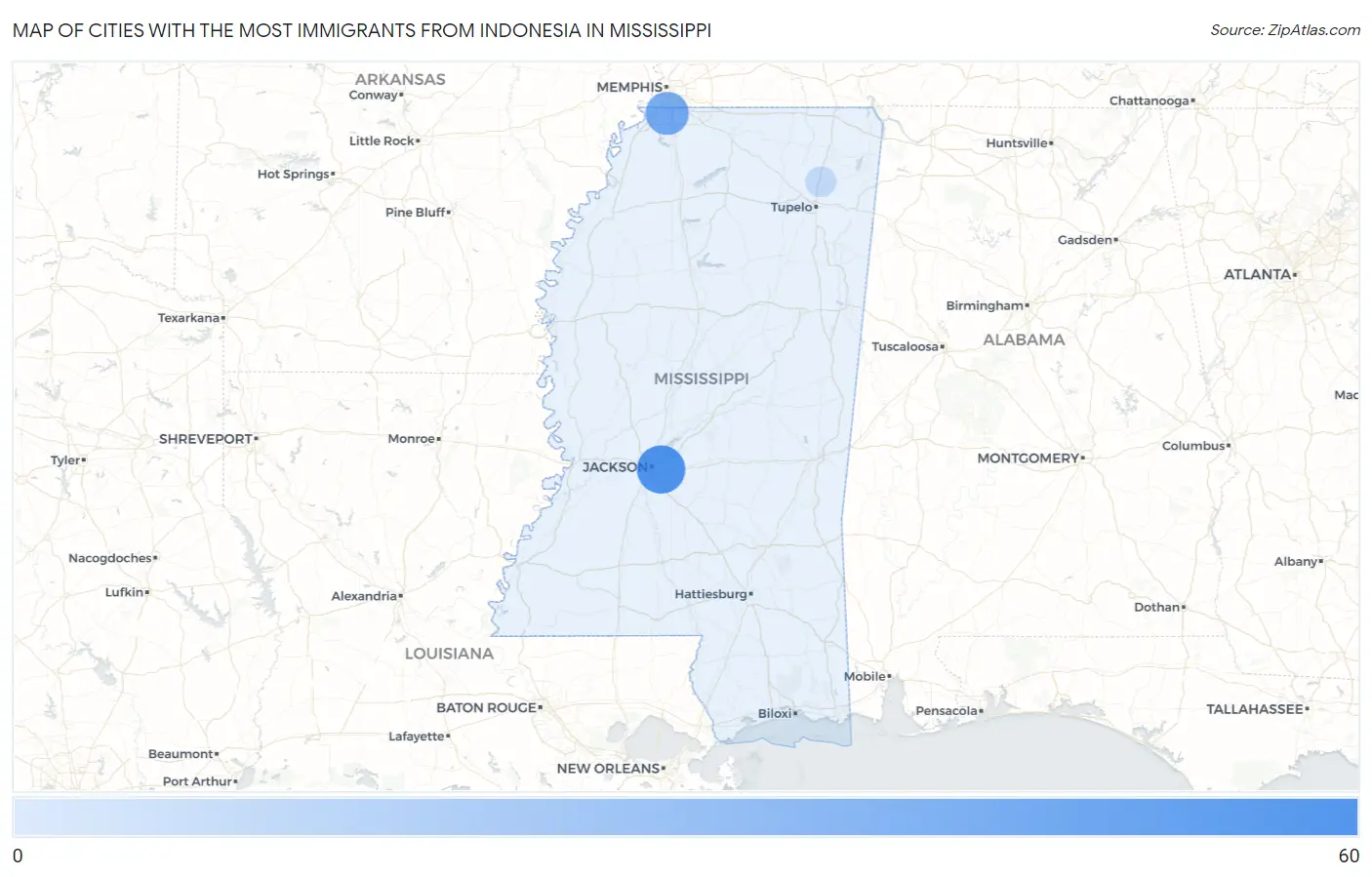 Cities with the Most Immigrants from Indonesia in Mississippi Map