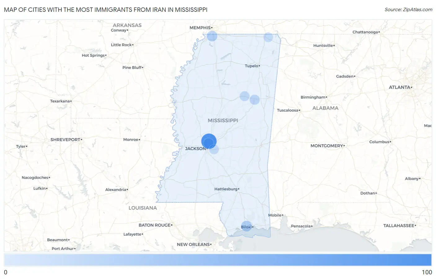 Cities with the Most Immigrants from Iran in Mississippi Map
