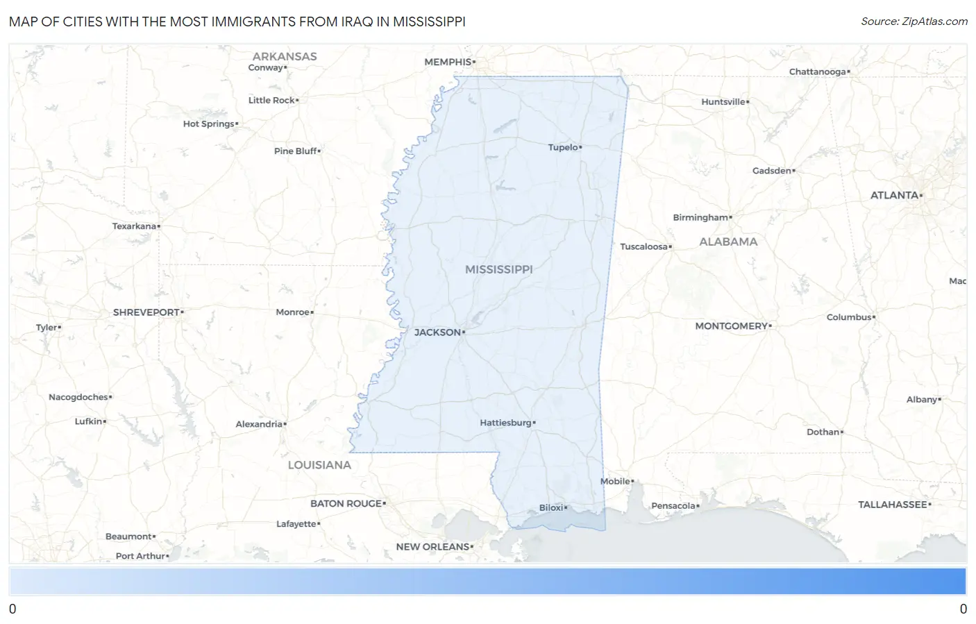 Cities with the Most Immigrants from Iraq in Mississippi Map