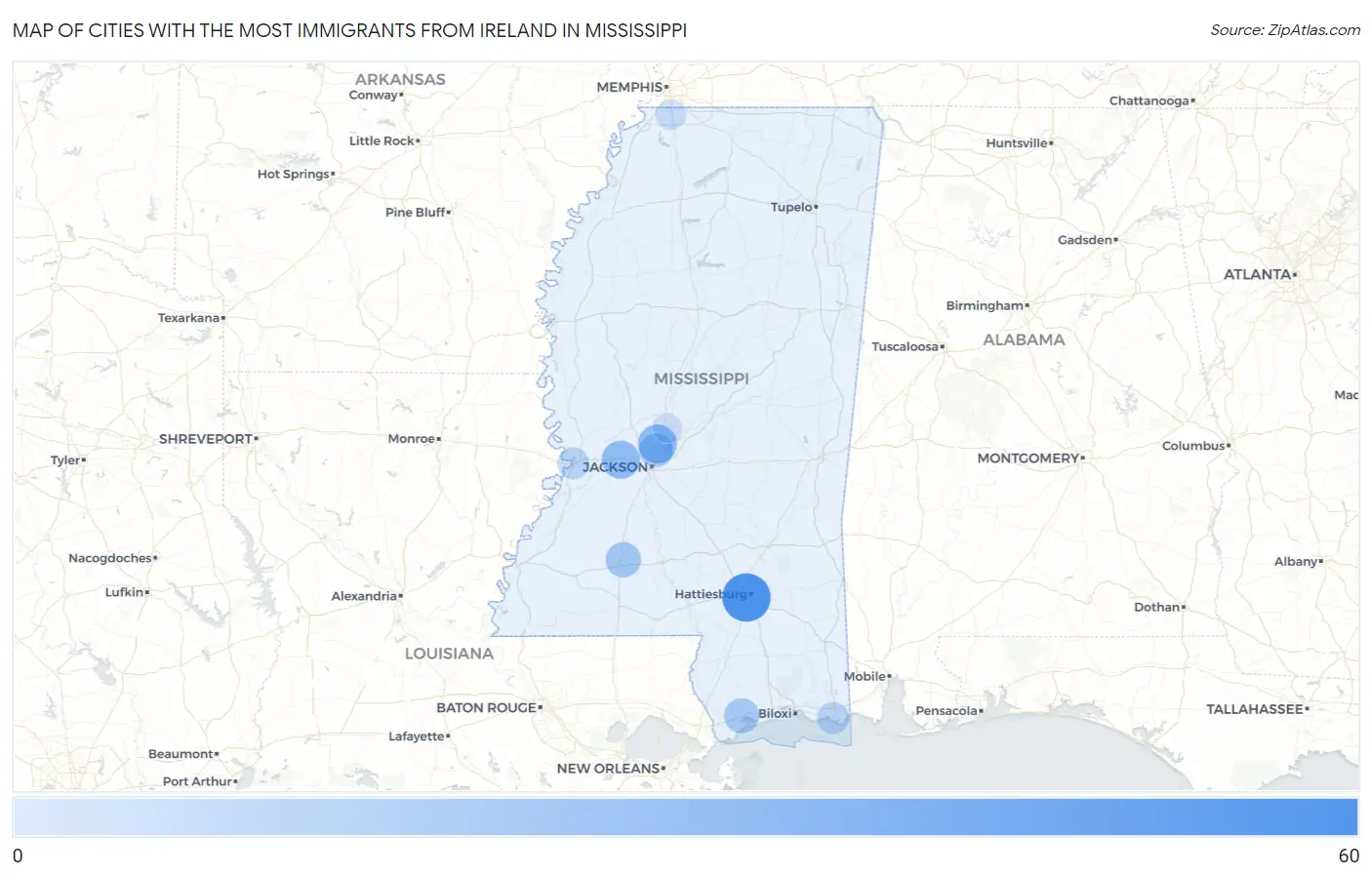 Cities with the Most Immigrants from Ireland in Mississippi Map