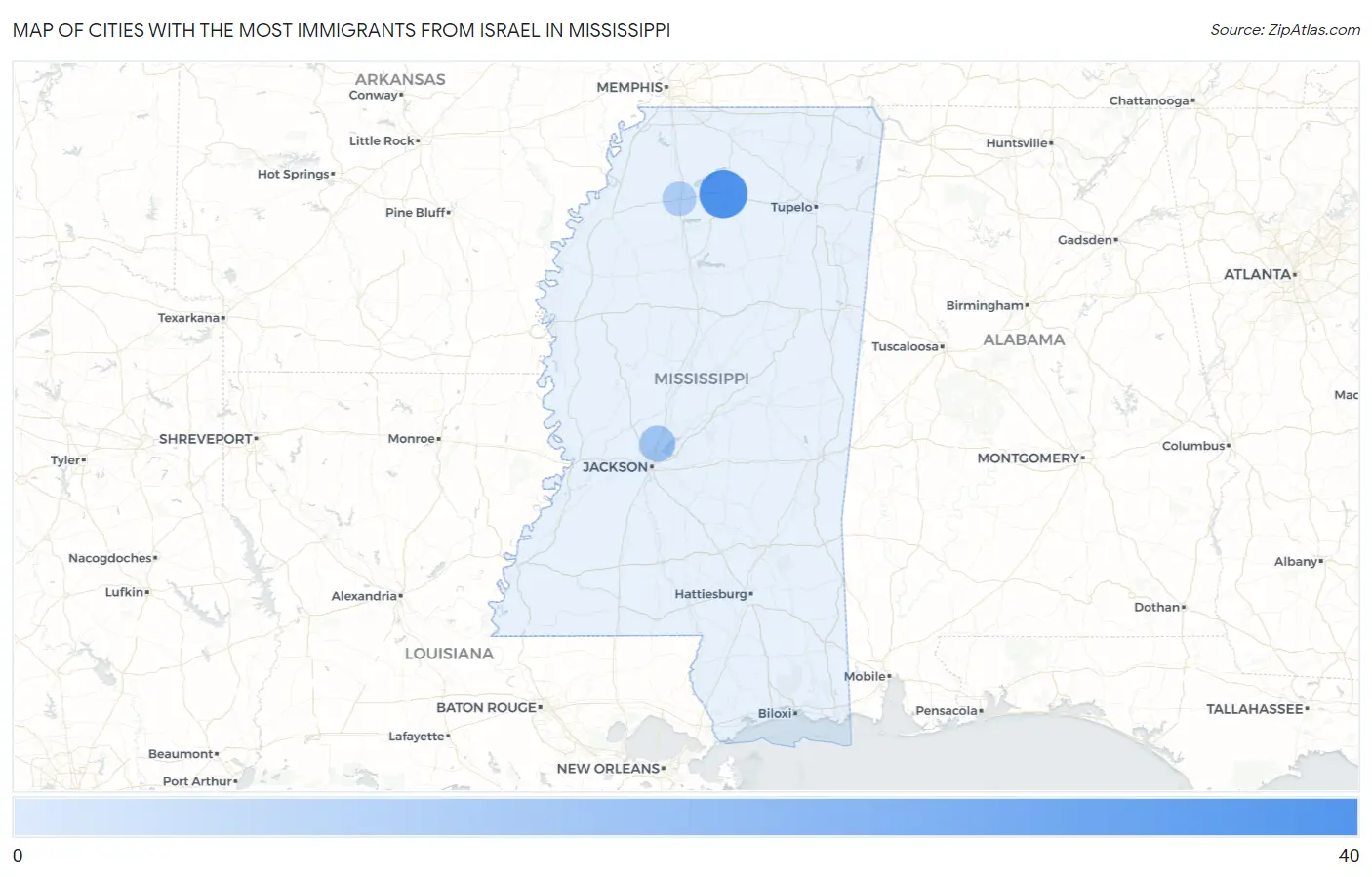 Cities with the Most Immigrants from Israel in Mississippi Map