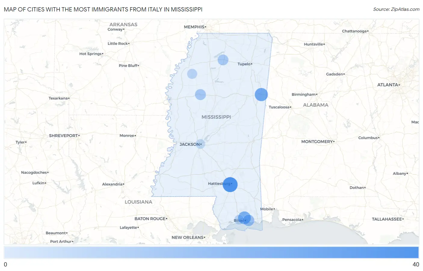 Cities with the Most Immigrants from Italy in Mississippi Map