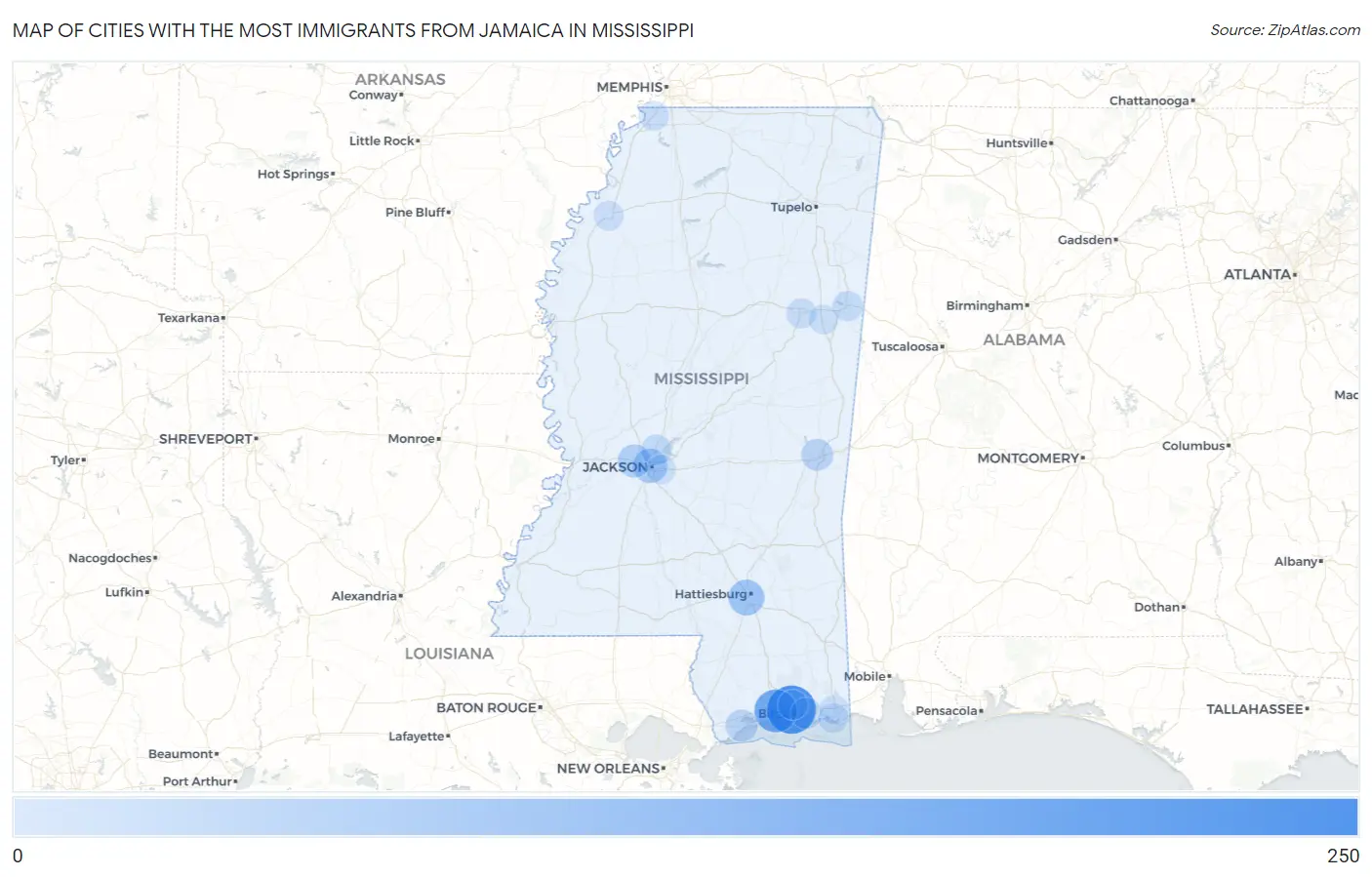 Cities with the Most Immigrants from Jamaica in Mississippi Map