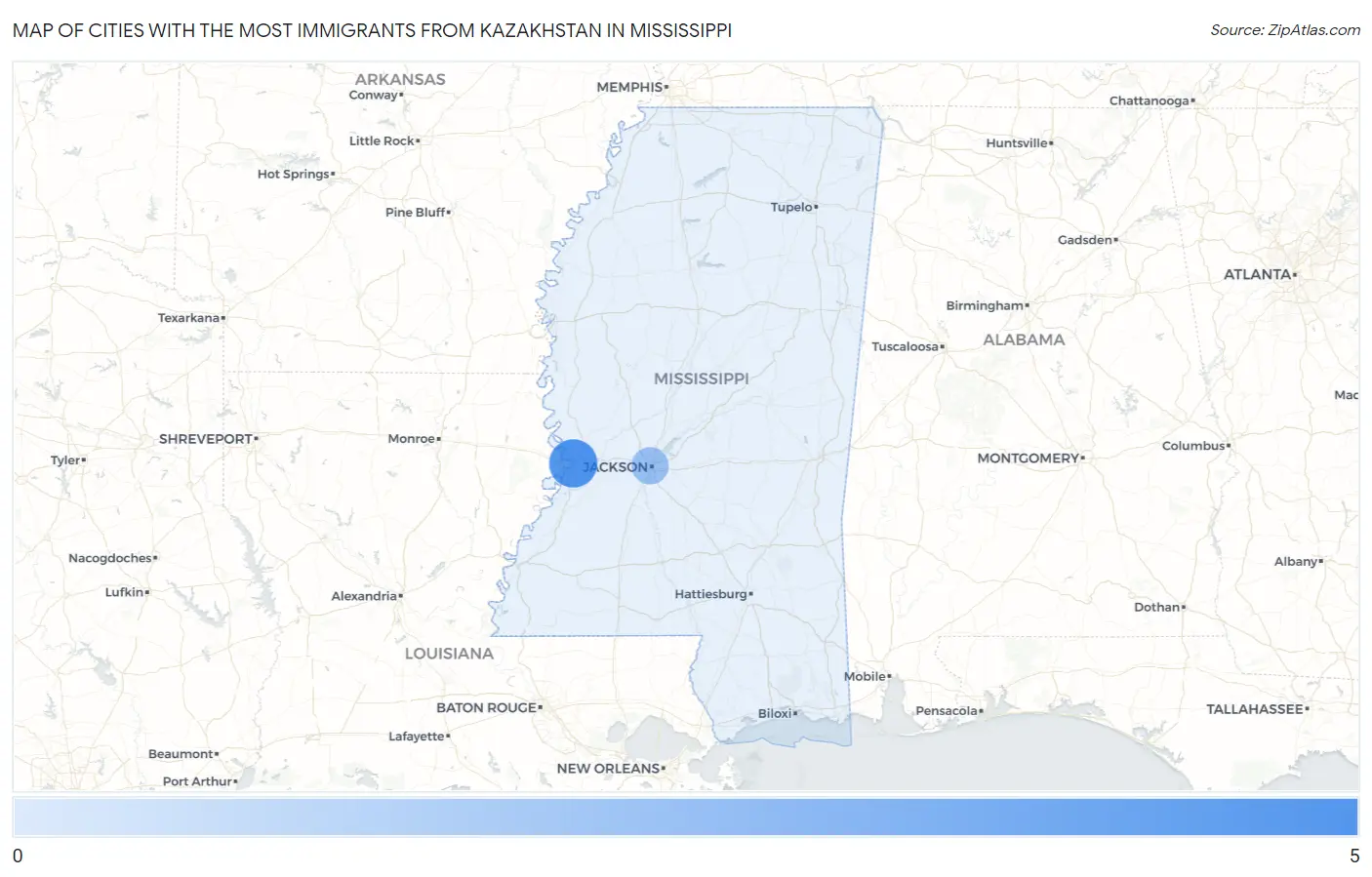 Cities with the Most Immigrants from Kazakhstan in Mississippi Map