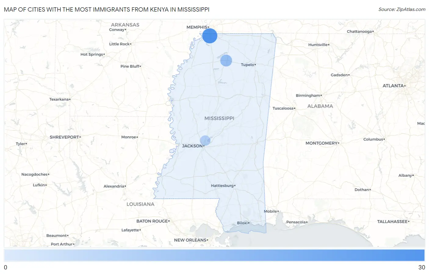 Cities with the Most Immigrants from Kenya in Mississippi Map