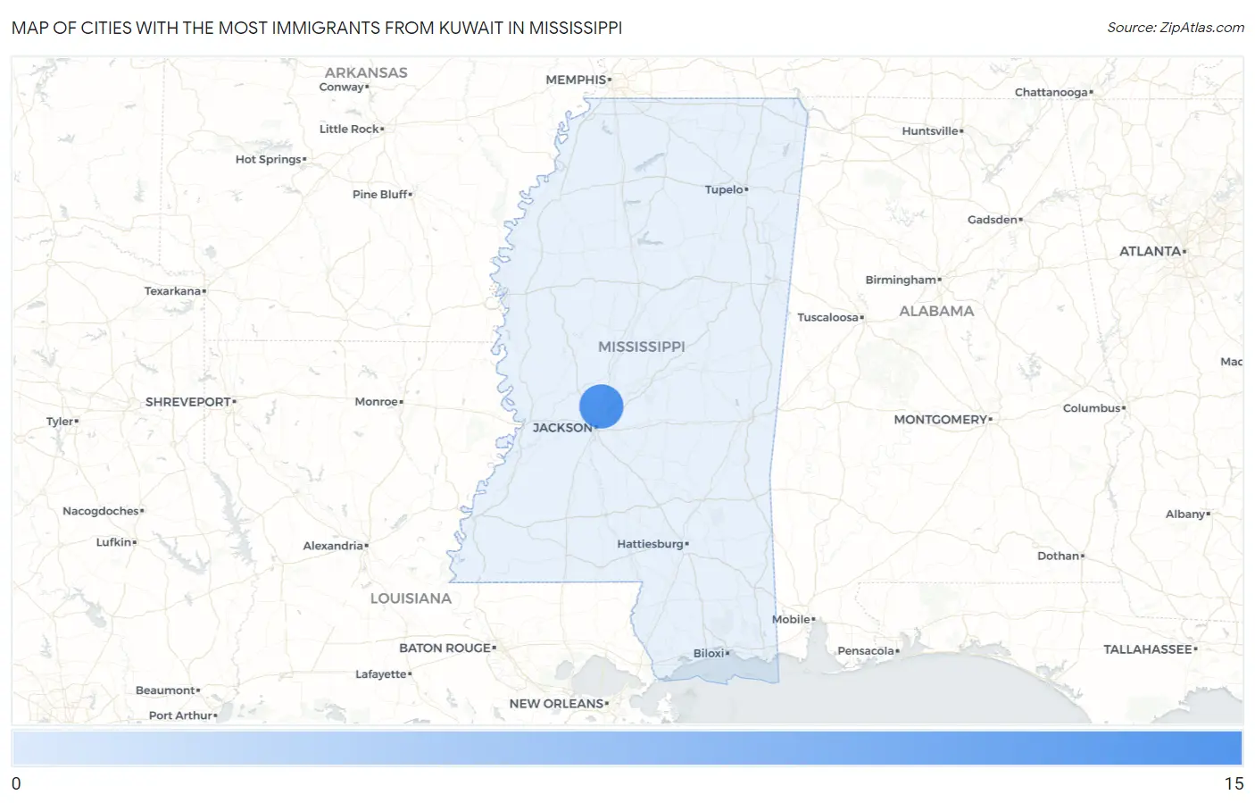 Cities with the Most Immigrants from Kuwait in Mississippi Map