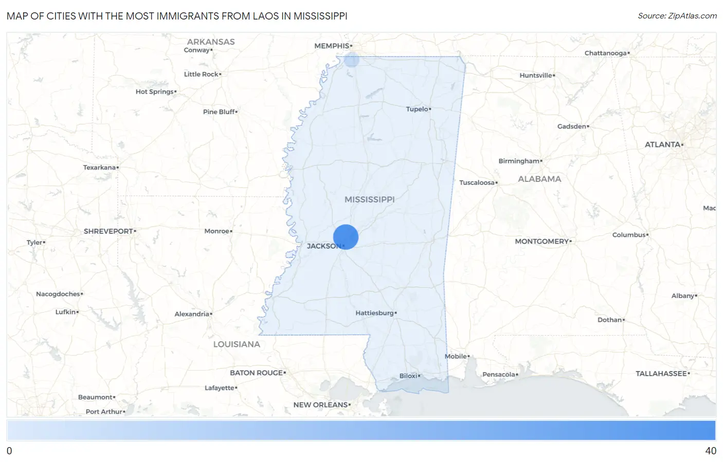 Cities with the Most Immigrants from Laos in Mississippi Map