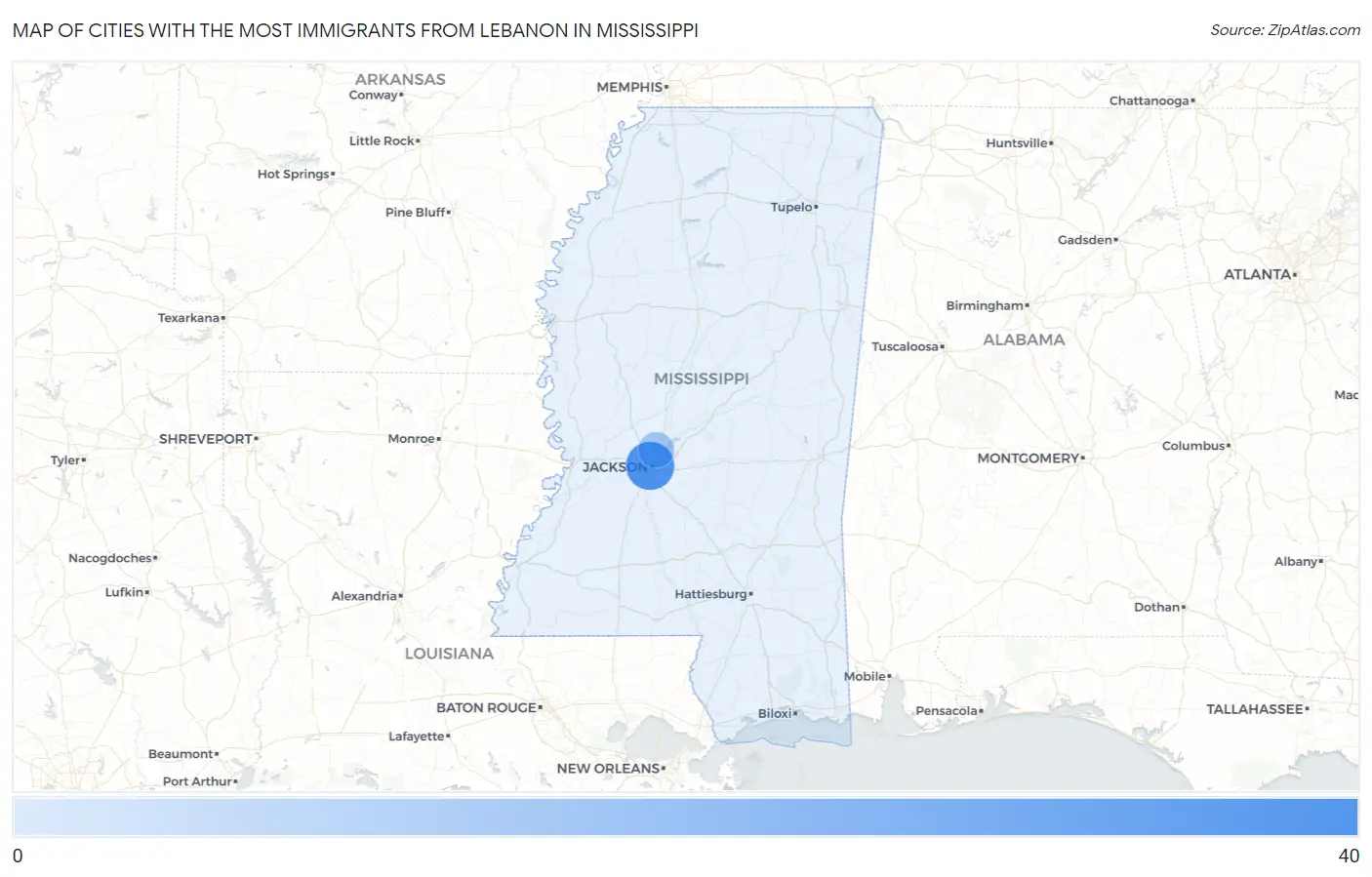 Cities with the Most Immigrants from Lebanon in Mississippi Map