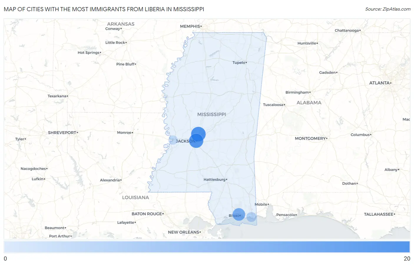 Cities with the Most Immigrants from Liberia in Mississippi Map