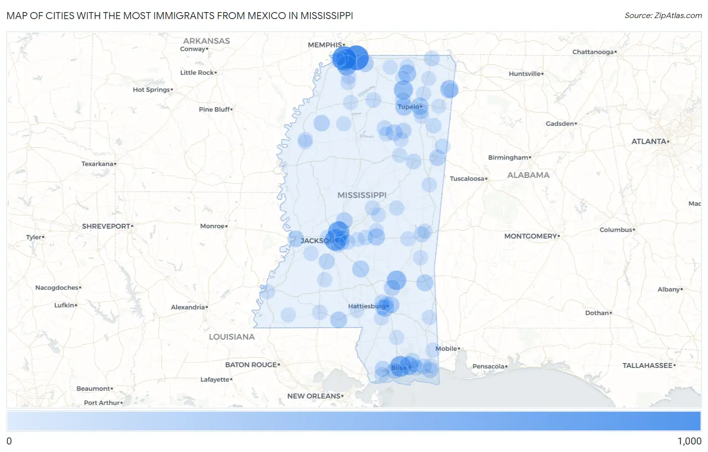 Cities with the Most Immigrants from Mexico in Mississippi Map