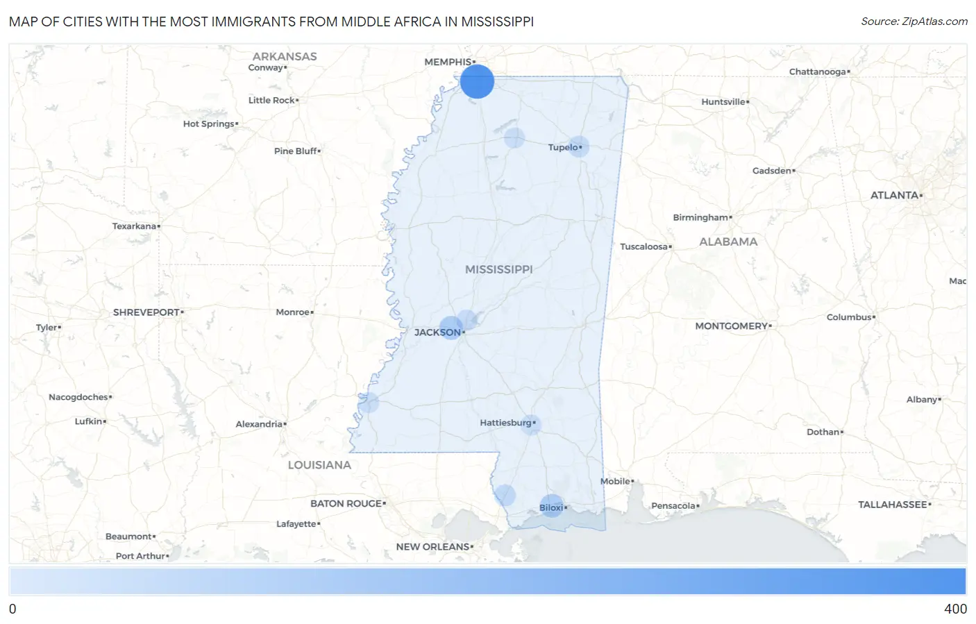 Cities with the Most Immigrants from Middle Africa in Mississippi Map
