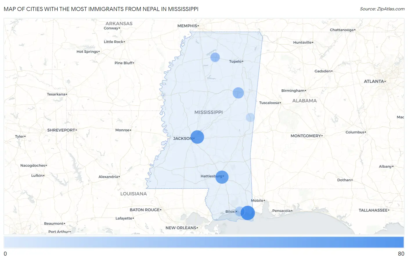 Cities with the Most Immigrants from Nepal in Mississippi Map