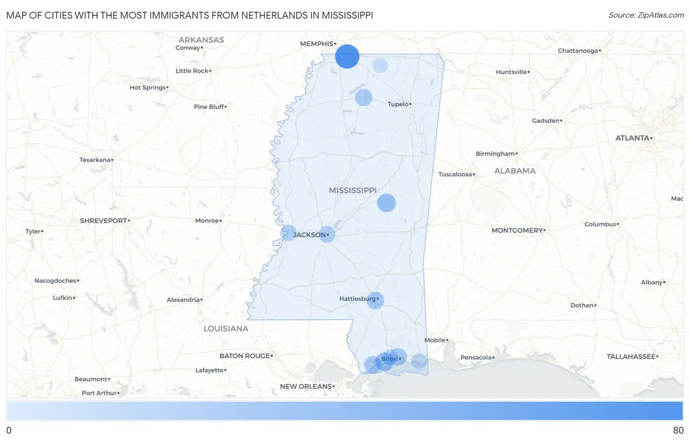 Cities with the Most Immigrants from Netherlands in Mississippi Map