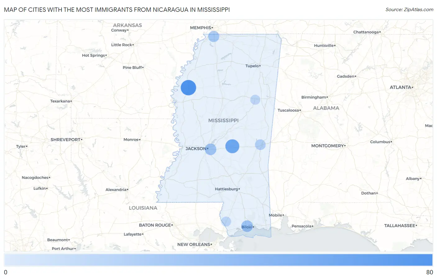 Cities with the Most Immigrants from Nicaragua in Mississippi Map
