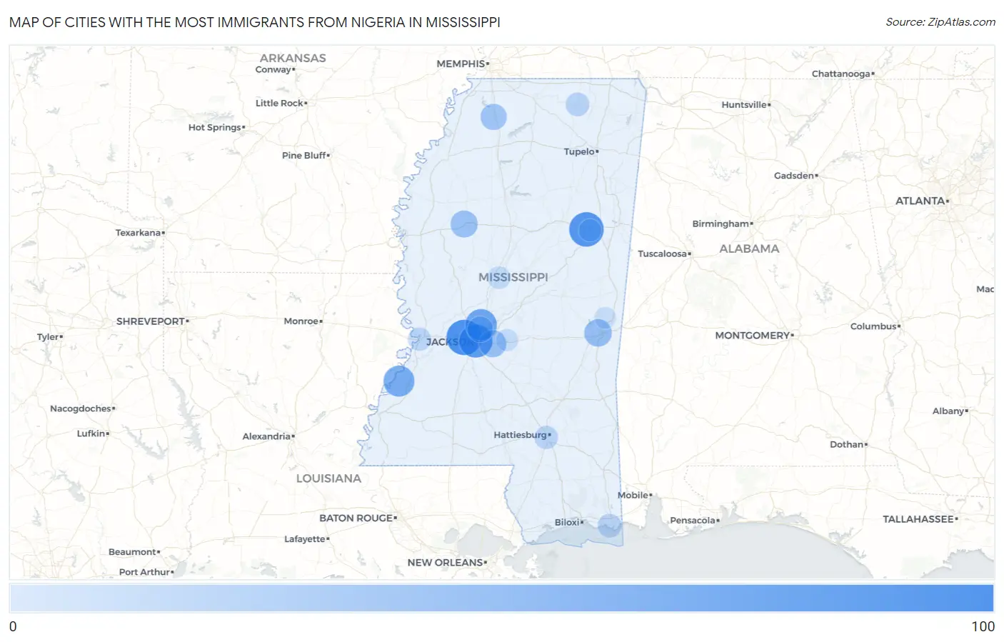 Cities with the Most Immigrants from Nigeria in Mississippi Map
