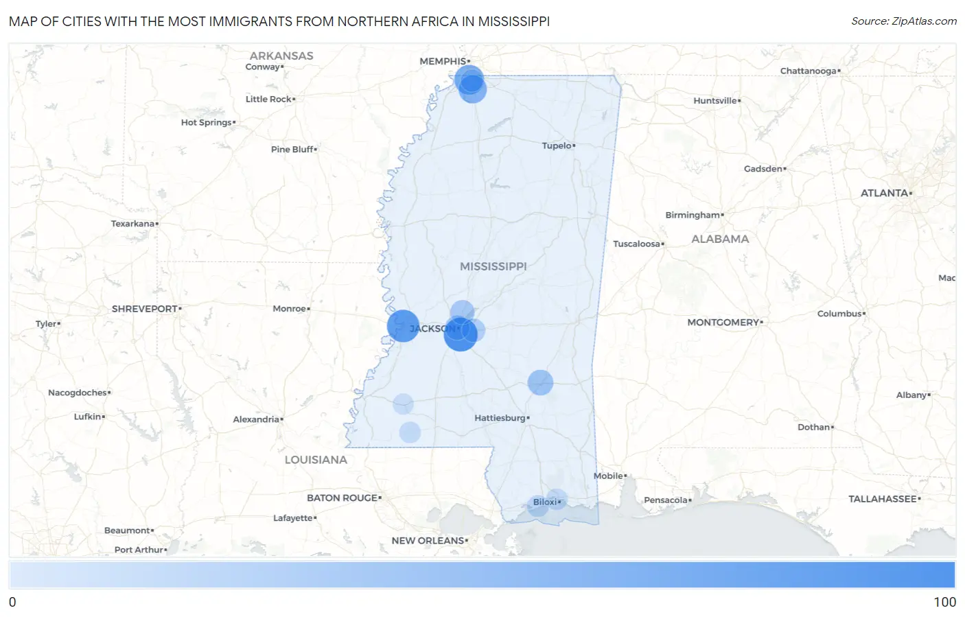 Cities with the Most Immigrants from Northern Africa in Mississippi Map