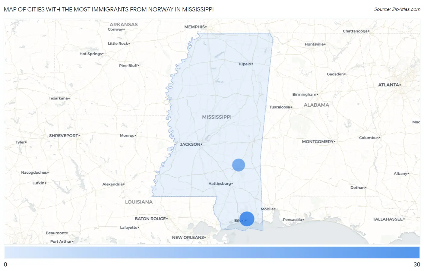 Cities with the Most Immigrants from Norway in Mississippi Map